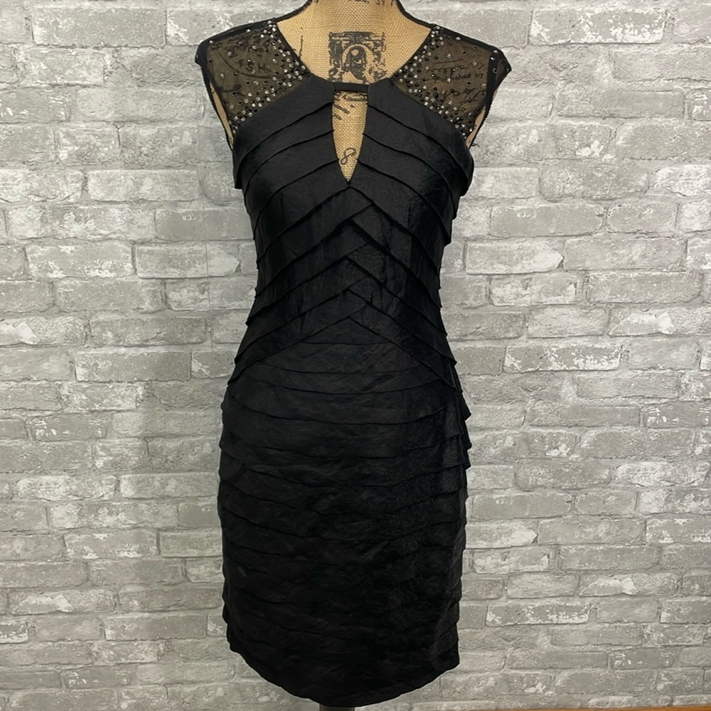 London Times Tiered Mesh Beaded Cocktail Dress